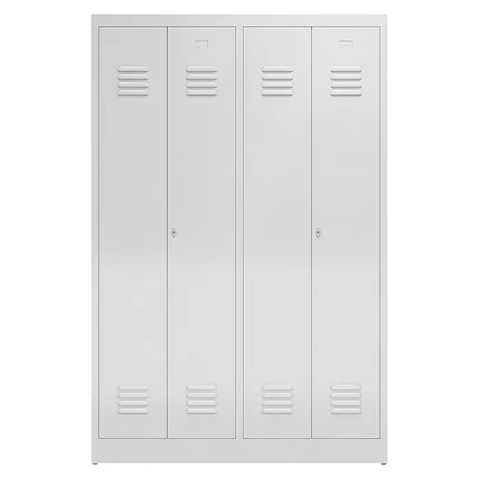 Lüllmann ClassiX Doppelspind - H x B x T: 180 x 118,5 x 50 cm, Lichtgrau, Fertig montiert, Anzahl Fächer: 4 Stk. - Produktansicht: Ein weißer Metallschrank mit vier Türen, ideal für Büro oder Lager. Das schlichte Design fügt sich gut in jeden Raum ein.