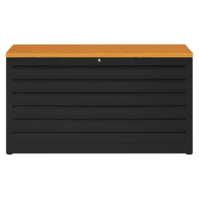 Lüllmann Planschrank - H x B x T: 60,5 x 113,5 x 83,5 cm, Tiefschwarz/Buche, Fertig montiert, Anzahl Schubladen: 6 Stk. - Schwarzer Werkzeugschrank mit sechs Schubladen und einer hellbraunen Arbeitsplatte. Robuste Bauweise für Werkstatt und Garage.