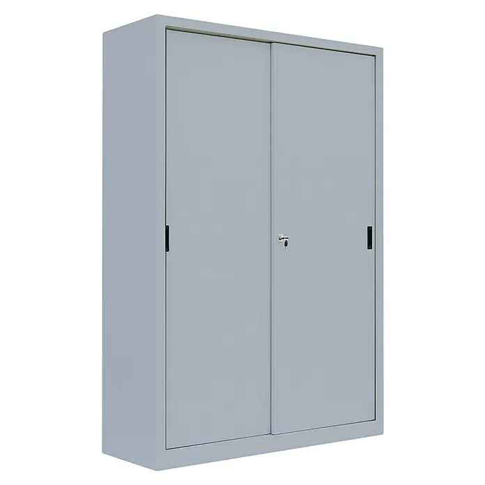 Lüllmann Schiebetür Schrank - H x B x T: 195 x 120 x 45 cm, Lichtgrau, Fertig montiert, Anzahl Böden: 4 Stk. - Grauer Büroschrank mit Schiebetüren und Schloss zur sicheren Aufbewahrung von Dokumenten und Büromaterialien.