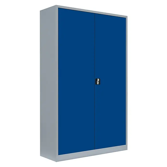 Lüllmann Metall-Mehrzweckschrank - H x B x T: 195 x 120 x 42,2 cm, Lichtgrau/Enzianblau, Fertig montiert, Anzahl Böden: 4 Stk. - Blauer Stahlschrank mit zwei Türen und einem silbernen Rahmen, ideal für Büro oder Werkstatt.