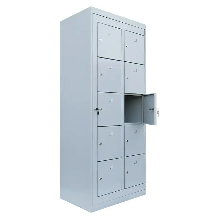 Lüllmann Fächerschrank - H x B x T: 180 x 74 x 50 cm, Lichtgrau, Fertig montiert, Anzahl Fächer: 10 Stk. - Metallschrank mit Fächern, ideal zur sicheren Aufbewahrung von Gegenständen. Ein Fach ist geöffnet und zeigt den Innenraum.