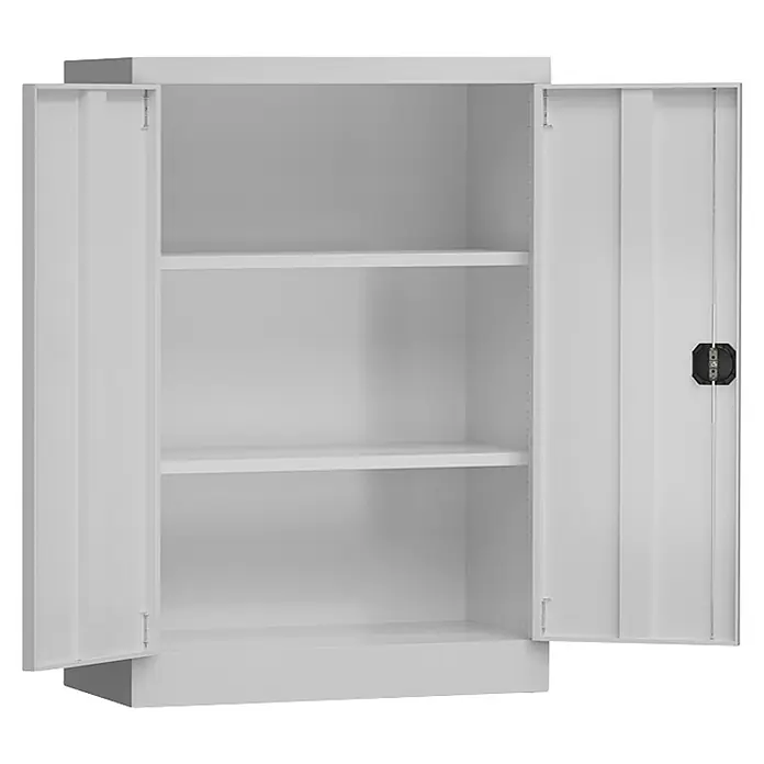 Lüllmann ClassiX Metall-Mehrzweckschrank - H x B x T: 120 x 92 x 42 cm, Lichtgrau, Fertig montiert, Anzahl Böden: 2 Stk. - Metallschrank mit zwei offenen Türen und zwei Einlegeböden. Der Schrank ist weiß und bietet viel Stauraum.