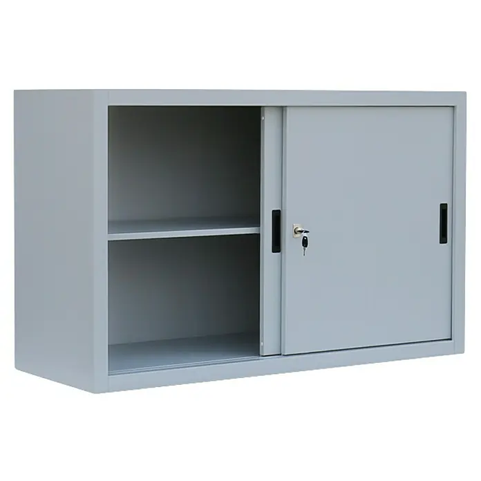 Lüllmann Schiebetür Schrank - H x B x T: 75 x 120 x 45 cm, Lichtgrau, Fertig montiert, Anzahl Böden: 1 Stk. - Grauer abschließbarer Büroschrank mit Schiebetüren und Regalböden für Bürobedarf und Dokumente.