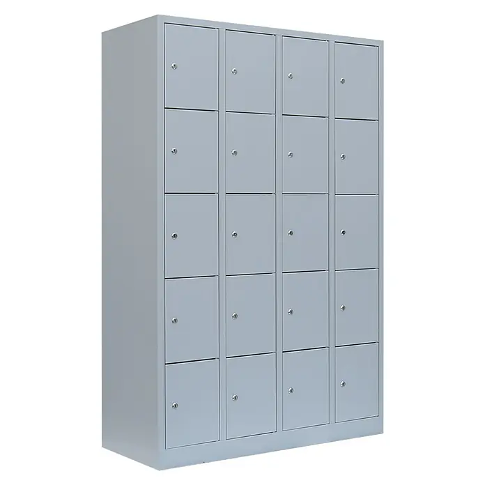 Lüllmann Schließfachschrank - H x B x T: 180 x 117 x 50 cm, Lichtgrau, Fertig montiert, Anzahl Fächer: 20 Stk. - Graue Schließfachanlage mit abschließbaren Fächern zur sicheren Aufbewahrung von Gegenständen. Ideal für Schulen, Büros und Fitnessstudios.