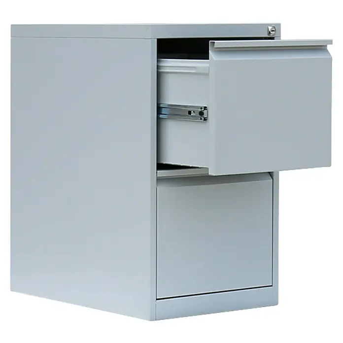 Lüllmann Hängeregisterschrank - H x B x T: 70,5 x 40 x 62 cm, Lichtgrau, Fertig montiert, Anzahl Schubladen: 2 Stk. - Ein grauer Aktenschrank mit zwei Schubladen, wobei die obere Schublade geöffnet ist und die Innenausstattung zeigt. Ideal für Büroorganisation.