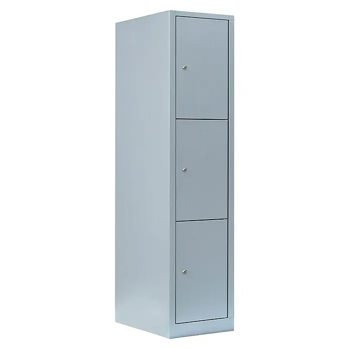 Lüllmann Schließfachschrank - H x B x T: 180 x 41,5 x 50 cm, Lichtgrau, Fertig montiert, Anzahl Fächer: 3 Stk. - Hier ist ein grauer Stahlschrank mit drei Fächern und Schlössern für die sichere Aufbewahrung von Gegenständen. Ideal für Schulen oder Büros.