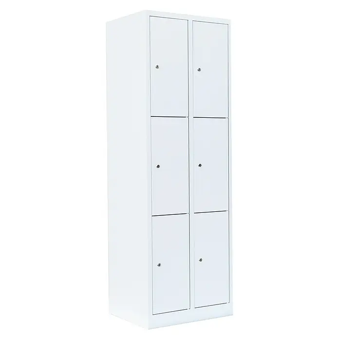 Lüllmann Schließfachschrank - H x B x T: 180 x 60 x 50 cm, Signalweiß, Fertig montiert, Anzahl Fächer: 6 Stk. - Ein weißer Spindschrank mit sechs abschließbaren Fächern bietet sicheren Stauraum für persönliche Gegenstände im Büro oder in Umkleideräumen.