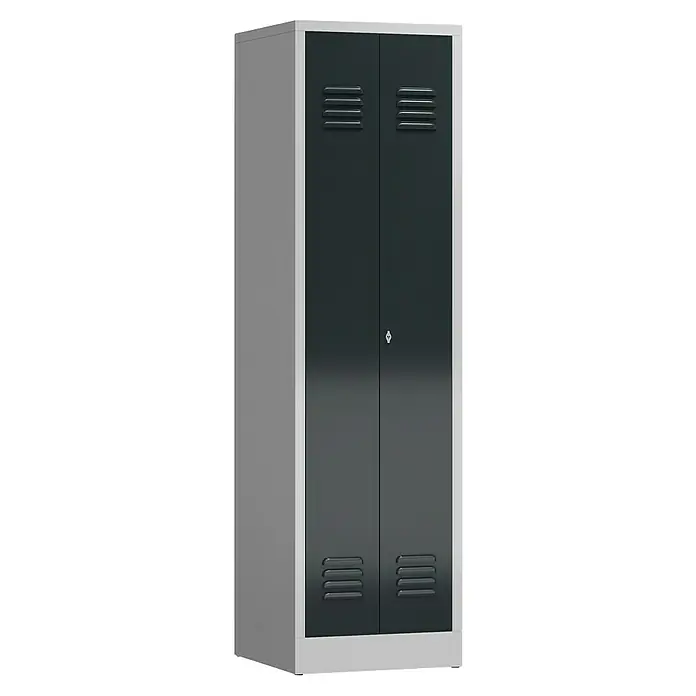 Lüllmann ClassiX Metall-Mehrzweckschrank - H x B x T: 180 x 50 x 50 cm, Lichtgrau/Anthrazit, Fertig montiert, Anzahl Böden: 4 Stk. - Ansicht eines grauen Metallschranks mit zwei anthrazitfarbenen Türen und Lüftungsschlitzen. Ideal für Büro oder Werkstatt.