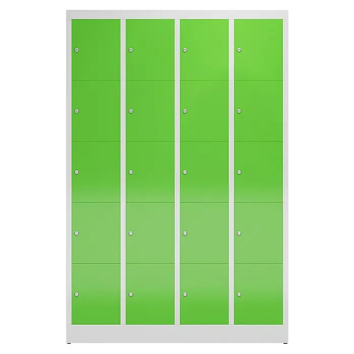 Lüllmann ClassiX Schließfachschrank - H x B x T: 180 x 118,5 x 50 cm, Lichtgrau/Gelbgrün, Fertig montiert, Anzahl Fächer: 20 Stk. - Ein grüner Schrank mit vier Spalten und jeweils vier Fächern mit silbernen Griffen.