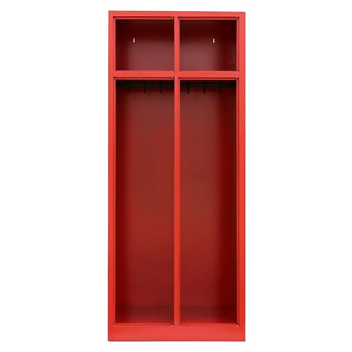 Lüllmann Feuerwehrschrank - H x B x T: 180 x 60 x 50 cm, Feuerrot, Fertig montiert, Anzahl Fächer: 2 Stk. - Aufnahme eines roten Spindschranks mit vier Fächern, mit Haken zur Aufbewahrung von Gegenständen und zur Organisation des Raums.