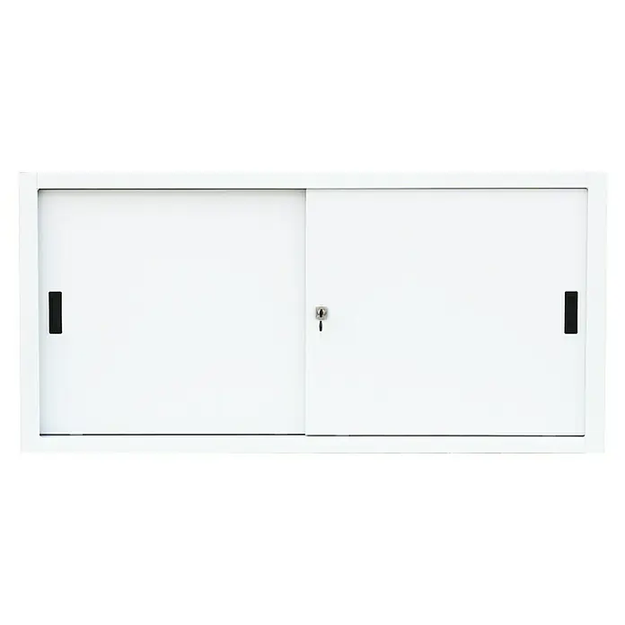 Lüllmann Schiebetür Schrank - H x B x T: 75 x 160 x 45 cm, Signalweiß, Fertig montiert, Anzahl Böden: 1 Stk. - Schrank mit zwei weißen Schiebetüren, einem Schloss und Griffen. Perfekt für Büro oder Zuhause zur Aufbewahrung von Dokumenten.