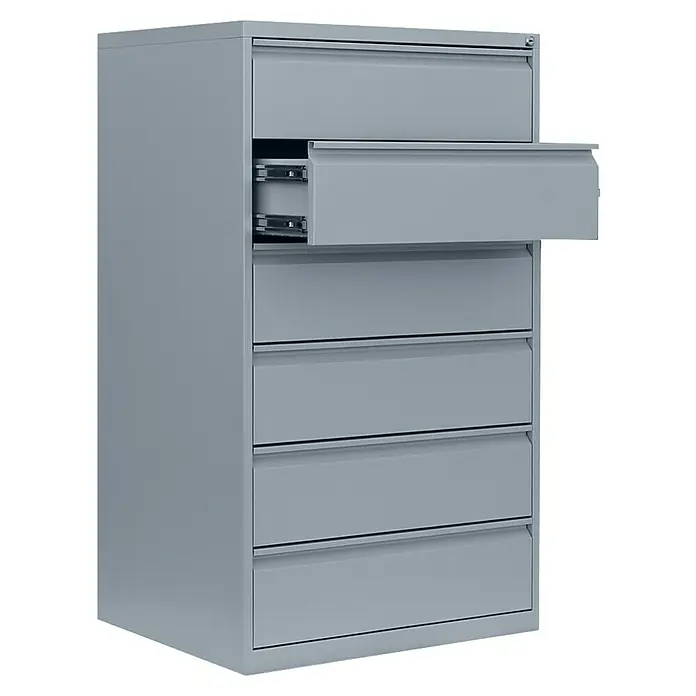 Lüllmann Hängeregisterschrank - H x B x T: 132 x 76 x 62 cm, Lichtgrau, Fertig montiert, Anzahl Schubladen: 6 Stk. - Metallschrank mit mehreren Schubladen, wobei eine Schublade geöffnet ist. Ideal für Büro oder Archiv.