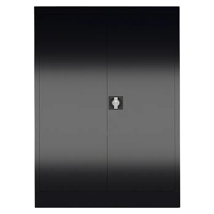 Lüllmann ClassiX Metall-Mehrzweckschrank - H x B x T: 120 x 92 x 42 cm, Tiefschwarz, Fertig montiert, Anzahl Böden: 2 Stk. - Abbildung eines dunklen Büroschranks mit zwei Türen und einem Drehgriff, ideal für die Aufbewahrung von Dokumenten und Büromaterialien.