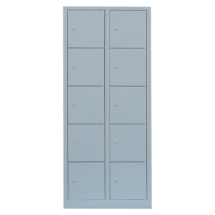 Lüllmann Schließfachschrank - H x B x T: 180 x 80 x 50 cm, Lichtgrau, Fertig montiert, Anzahl Fächer: 10 Stk. - Grauer Spindschrank mit zehn abschließbaren Fächern in zwei Reihen, ideal für sichere Aufbewahrung im Büro oder öffentlichen Einrichtungen.