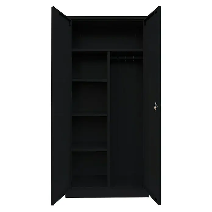 Lüllmann Metall-Mehrzweckschrank - H x B x T: 180 x 80 x 38,3 cm, Tiefschwarz, Fertig montiert, Anzahl Böden: 3 Stk. - Offener, schwarzer Kleiderschrank mit Einlegeböden und Kleiderstange für eine ordentliche Aufbewahrung.