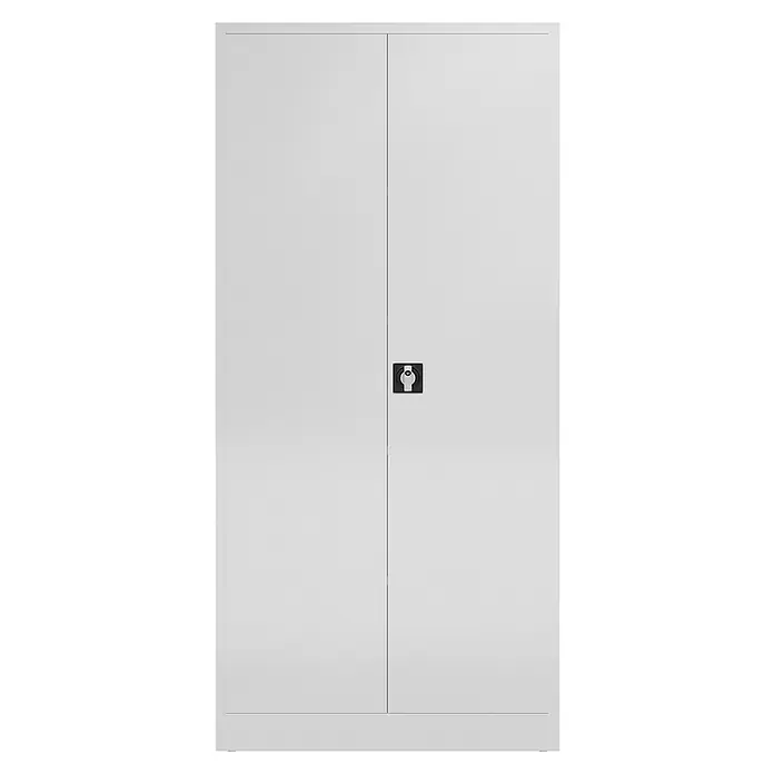 Lüllmann ClassiX Metall-Mehrzweckschrank - H x B x T: 194,5 x 92 x 42 cm, Signalweiß, Fertig montiert, Anzahl Böden: 4 Stk. - Ein grauer Stahlschrank mit zwei Türen und einem Drehknopfschloss in der Mitte für sichere Aufbewahrung.