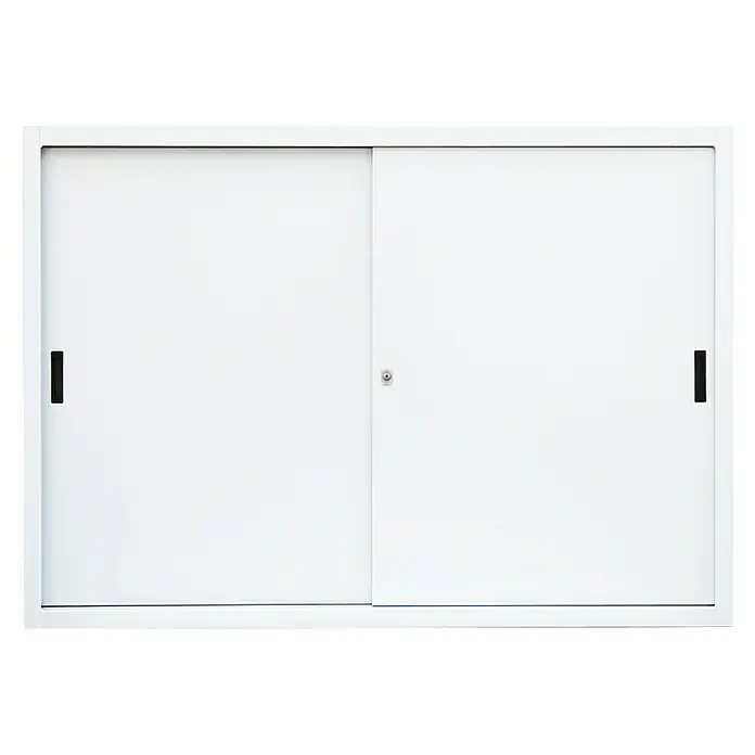 Lüllmann Schiebetür Schrank - H x B x T: 109 x 160 x 45 cm, Signalweiß, Fertig montiert, Anzahl Böden: 2 Stk. - Bild eines weißen Aktenschranks mit Schiebetüren und Griffen. Der Schrank ist hell und modern gestaltet.