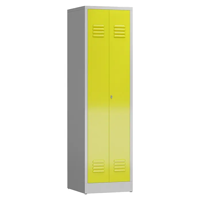 Lüllmann ClassiX Metall-Mehrzweckschrank - H x B x T: 180 x 50 x 50 cm, Lichtgrau/Zinkgelb, Fertig montiert, Anzahl Böden: 4 Stk. - Gelber Metall-Spind mit zwei Türen, Lüftungsschlitzen und silbernem Rahmen. Ideal für die Aufbewahrung in Schulen oder Umkleideräumen.