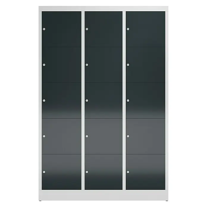 Lüllmann ClassiX Schließfachschrank - H x B x T: 180 x 118,5 x 50 cm, Lichtgrau/Anthrazit, Fertig montiert, Anzahl Fächer: 15 Stk. - Das Bild zeigt einen Schrank mit 3 Spalten und 4 Reihen in grauen Farbtönen mit weißen Griffen und weißem Rahmen.