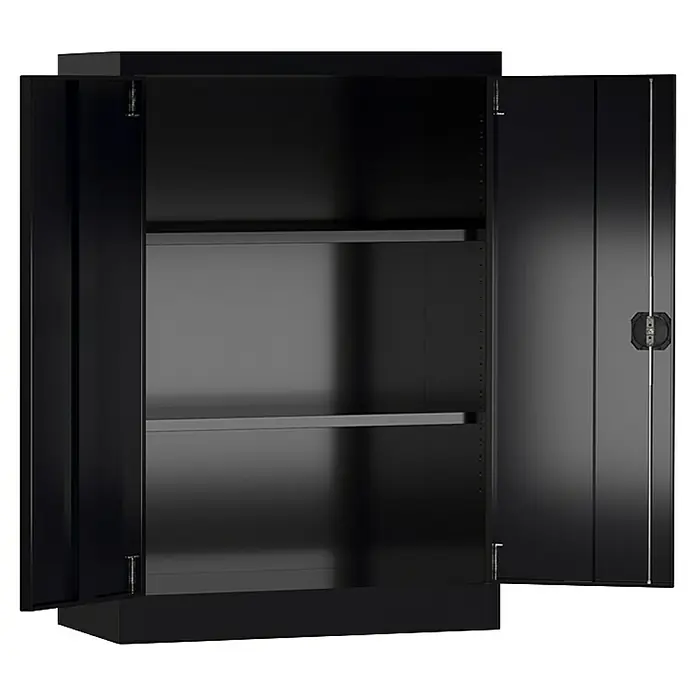 Lüllmann ClassiX Metall-Mehrzweckschrank - H x B x T: 120 x 92 x 42 cm, Tiefschwarz, Fertig montiert, Anzahl Böden: 2 Stk. - Schwarzer Stahlschrank mit zwei offenen Türen und zwei Regalen. Ideal für Werkstatt, Garage oder Lagerraum.