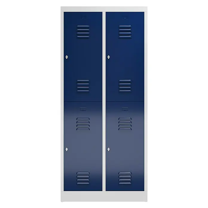 Lüllmann ClassiX Spind - H x B x T: 180 x 80 x 50 cm, Lichtgrau/Enzianblau, Fertig montiert, Anzahl Fächer: 4 Stk. - Doppelspindschrank mit blauen Türen und Lüftungsschlitzen in einem weißen Rahmen. Ideal für Schulen oder Sporteinrichtungen.