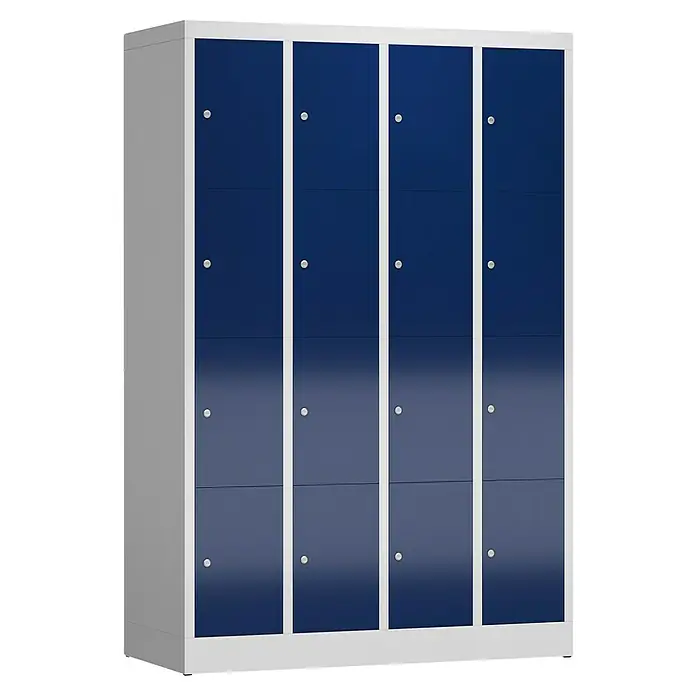 Lüllmann ClassiX Schließfachschrank - H x B x T: 180 x 118,5 x 50 cm, Lichtgrau/Enzianblau, Fertig montiert, Anzahl Fächer: 16 Stk. - Ansicht eines Schranks mit blauen Türen und silberfarbenem Rahmen. Ideal für Schulen, Büros und Umkleideräume.