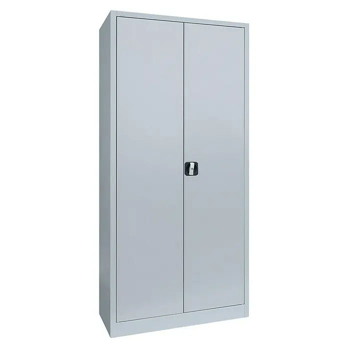 Lüllmann Metall-Mehrzweckschrank - H x B x T: 195 x 92,5 x 42,2 cm, Lichtgrau, Vormontiert, Anzahl Böden: 3 Stk. - Grauer Metallschrank mit zwei Türen und einem Griff in der Mitte. Der Schrank ist schlicht und funktional gestaltet.
