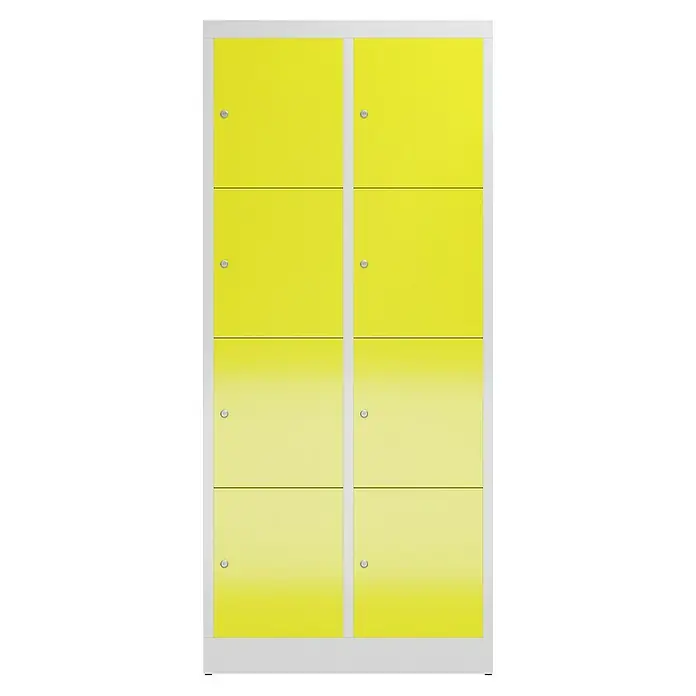 Lüllmann ClassiX Schließfachschrank - H x B x T: 180 x 80 x 50 cm, Lichtgrau/Zinkgelb, Fertig montiert, Anzahl Fächer: 8 Stk. - Gelber Spindschrank mit acht Fächern. Das Gehäuse des Schranks ist weiß und die Türen sind mit kleinen Schlössern ausgestattet.
