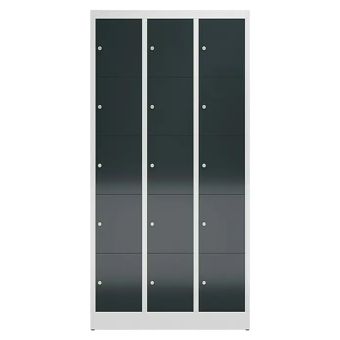 Lüllmann ClassiX Schließfachschrank - H x B x T: 180 x 87 x 50 cm, Lichtgrau/Anthrazit, Fertig montiert, Anzahl Fächer: 15 Stk. - Graue Garderobenschränke mit weißem Rahmen, die ideale Lösung zur Aufbewahrung von persönlichen Gegenständen im Büro oder Umkleideraum.