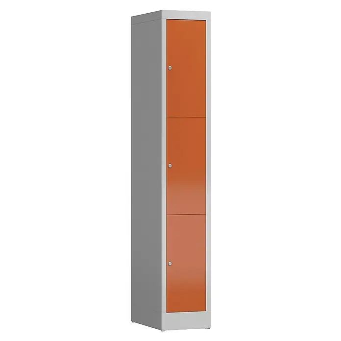 Lüllmann ClassiX Schließfachschrank - H x B x T: 180 x 31 x 50 cm, Lichtgrau/Feuerrot, Fertig montiert, Anzahl Fächer: 3 Stk. - Dreifachtüriger Spind mit orangenfarbenen Türen und einem grauen Rahmen, ideal zur sicheren Aufbewahrung persönlicher Gegenstände.