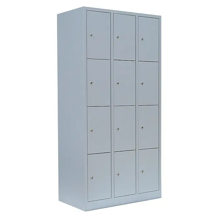 Lüllmann Schließfachschrank - H x B x T: 180 x 88,5 x 50 cm, Lichtgrau, Fertig montiert, Anzahl Fächer: 12 Stk. - Dreispaltiger grauer Spind mit jeweils vier Fächern und Schlössern. Ideal für Umkleideräume oder zur sicheren Aufbewahrung von Gegenständen.