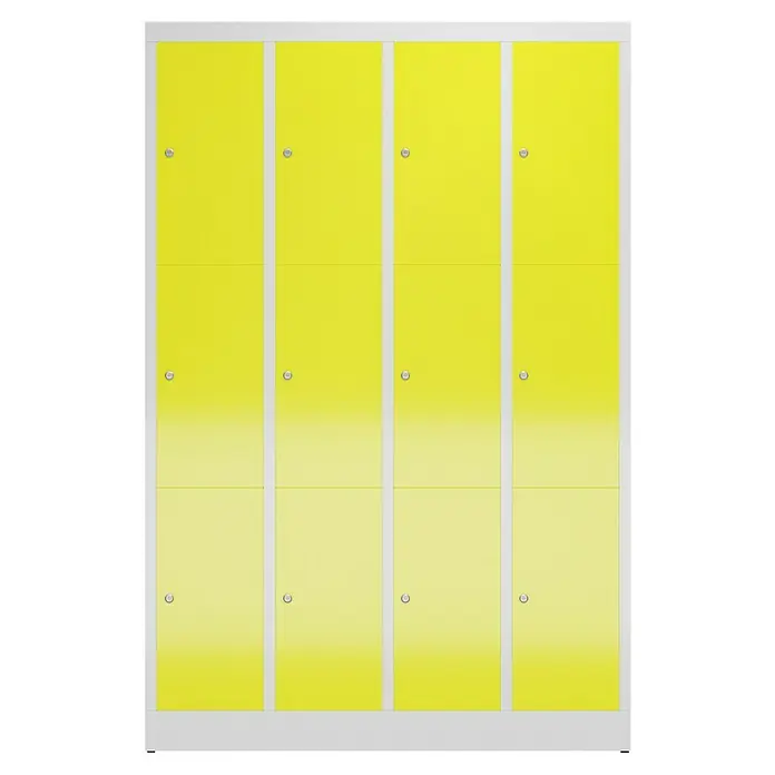 Lüllmann ClassiX Schließfachschrank - H x B x T: 180 x 118,5 x 50 cm, Lichtgrau/Zinkgelb, Fertig montiert, Anzahl Fächer: 12 Stk. - Gelbe Garderobenschränke mit mehreren Fächern und abschließbaren Türen für Sportvereine, Schulen oder Büros.