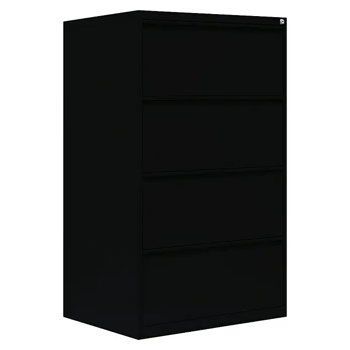 Lüllmann Hängeregisterschrank - H x B x T: 132 x 76 x 62 cm, Tiefschwarz, Fertig montiert, Anzahl Schubladen: 4 Stk. - Abbildung eines schwarzen Aktenschranks mit vier Schubladen, ideal für die Organisation von Büromaterialien und Dokumenten.