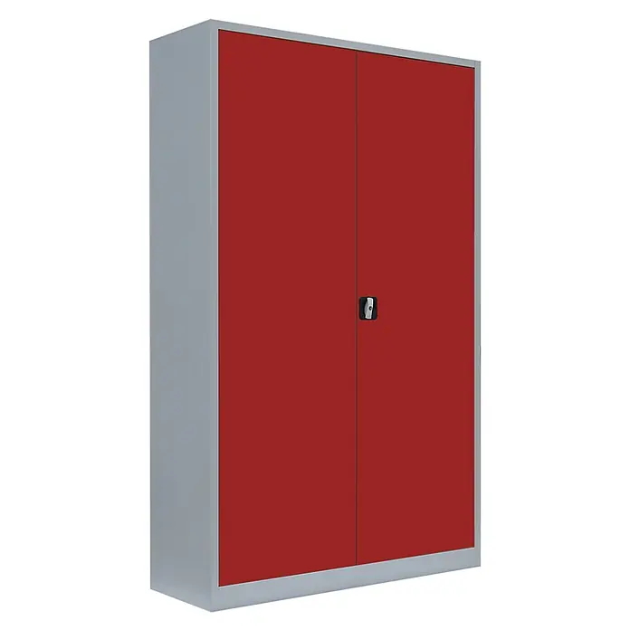 Lüllmann Metall-Mehrzweckschrank - H x B x T: 195 x 120 x 42,2 cm, Lichtgrau/Feuerrot, Fertig montiert, Anzahl Böden: 4 Stk. - Ein roter Stahlschrank mit grauen Seiten und einem Griff in der Mitte. Ideal für Büro oder Werkstatt zur sicheren Aufbewahrung.