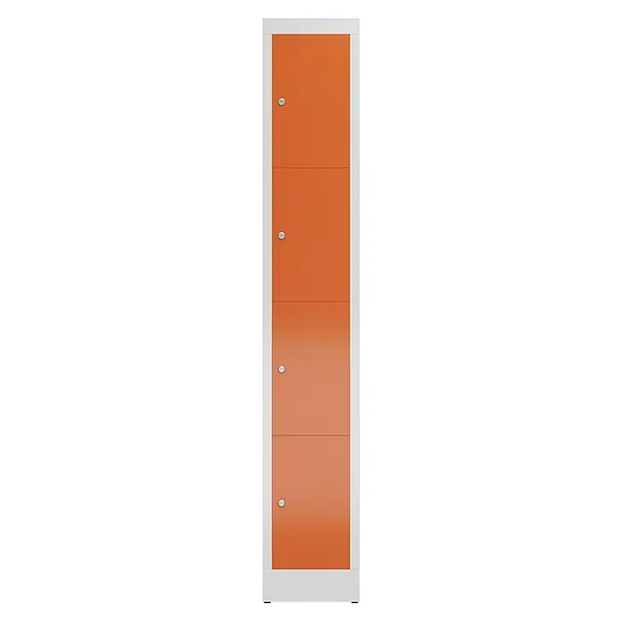 Lüllmann ClassiX Schließfachschrank - H x B x T: 180 x 31 x 50 cm, Lichtgrau/Feuerrot, Fertig montiert, Anzahl Fächer: 4 Stk. - Dieses Bild zeigt eine orangefarbene Schranktür mit einem weißen Rahmen, die durch vier silberne Griffe ergänzt wird.