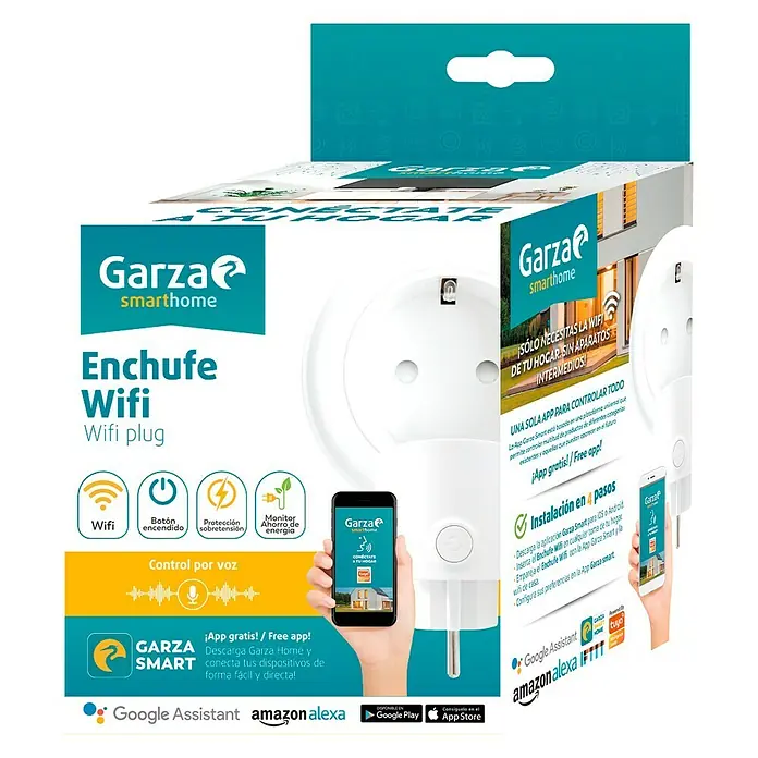 Garza Smart Home Enchufe inteligente WiFi - Blanco, IP20 - Paquete de un enchufe WiFi inteligente de Garza, que permite controlar los dispositivos a través de una app.