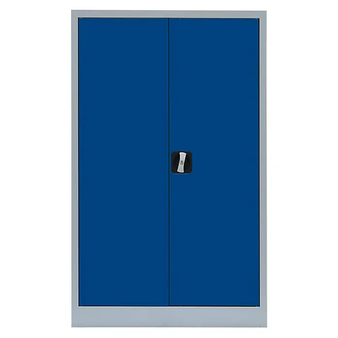 Lüllmann Metall-Mehrzweckschrank - H x B x T: 120 x 80 x 38,3 cm, Lichtgrau/Enzianblau, Fertig montiert, Anzahl Böden: 2 Stk. - Bild eines blauen Stahlschranks mit zwei Türen und einem silbernen Rahmen, ideal für die Werkstatt oder das Büro.