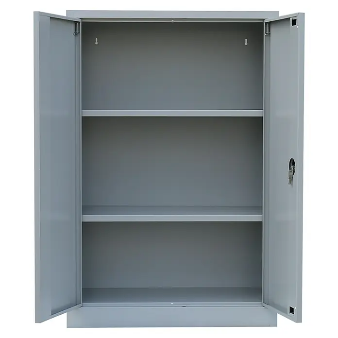 Lüllmann Metall-Mehrzweckschrank - H x B x T: 120 x 92,5 x 42,2 cm, Lichtgrau, Fertig montiert, Anzahl Böden: 2 Stk. - Grauer Metallschrank mit zwei offenen Türen und zwei Regalen für Büro oder Lager.