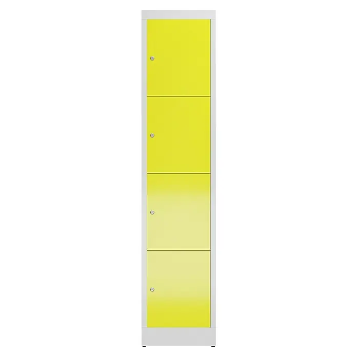 Lüllmann ClassiX Schließfachschrank - H x B x T: 180 x 41,5 x 50 cm, Lichtgrau/Zinkgelb, Fertig montiert, Anzahl Fächer: 4 Stk. - Gelber Schließfachschrank mit vier Fächern und silbernen Türgriffen.