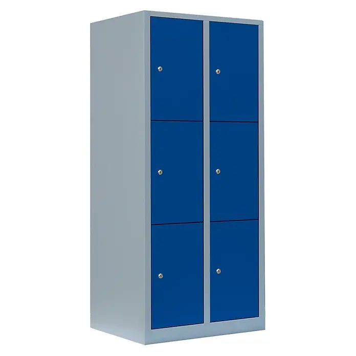 Lüllmann Schließfachschrank - H x B x T: 180 x 80 x 50 cm, Lichtgrau/Enzianblau, Fertig montiert, Anzahl Fächer: 6 Stk. - Sechs blaue Fächerschränke, drei übereinander und zwei nebeneinander, ein praktisches und sicheres Aufbewahrungsmöbel.