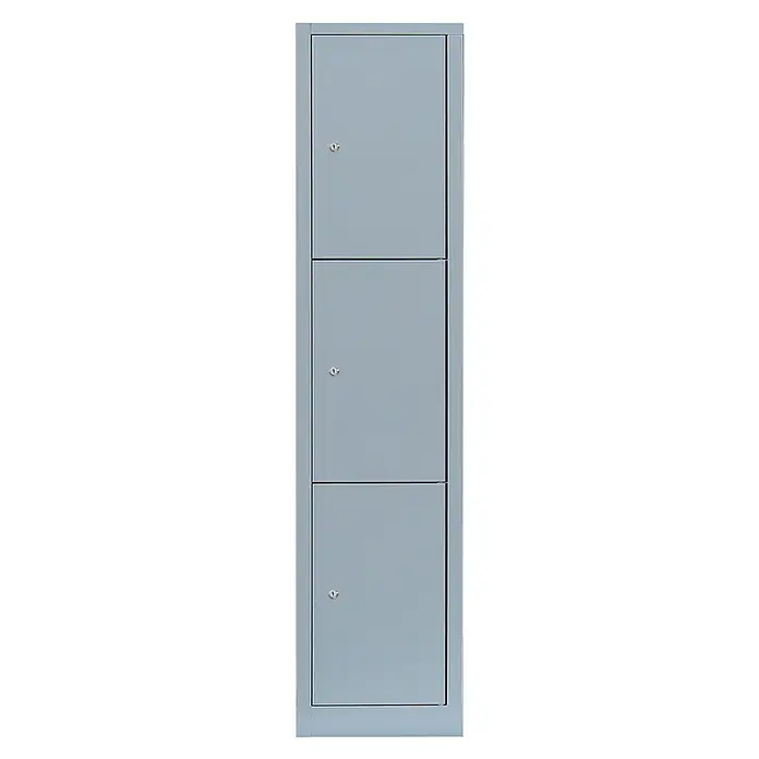 Lüllmann Schließfachschrank - H x B x T: 180 x 41,5 x 50 cm, Lichtgrau, Fertig montiert, Anzahl Fächer: 3 Stk. - Grauer Stahlschrank mit drei Fächern und Schlössern für sichere Aufbewahrung, ideal für Büros und Umkleideräume.