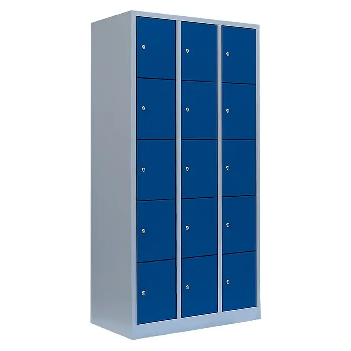 Lüllmann Schließfachschrank - H x B x T: 180 x 88,5 x 50 cm, Lichtgrau/Enzianblau, Fertig montiert, Anzahl Fächer: 15 Stk. - Dreispaltiger blauer Garderobenschrank mit silberfarbenem Rahmen, ideal für Umkleideräume oder Sporteinrichtungen.
