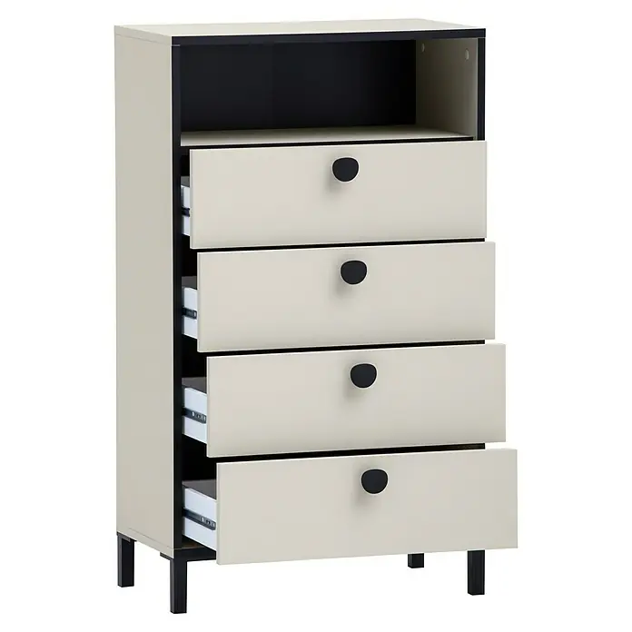 Schildmeyer Edda Highboard - L x B x H: 33 x 60,2 x 103,4 cm, Beige/Schwarz - Dieser moderne Schrank in Beige und Schwarz verfügt über vier Schubladen mit runden Knöpfen und einem offenen Regal oben, ideal für jeden Raum.
