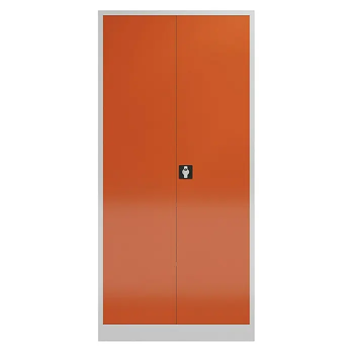 Lüllmann ClassiX Metall-Mehrzweckschrank - H x B x T: 194,5 x 92 x 50 cm, Lichtgrau/Feuerrot, Fertig montiert, Anzahl Böden: 4 Stk. - Ein orangefarbener Aktenschrank mit zwei Türen und einem silbernen Rahmen für Büro oder Arbeitszimmer.