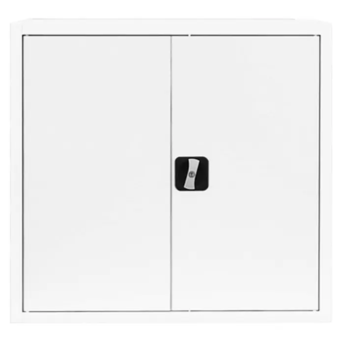 Lüllmann Metall-Mehrzweckschrank - H x B x T: 75 x 80 x 38,3 cm, Signalweiß, Fertig montiert, Anzahl Böden: 1 Stk. - Ein quadratischer, weißer Schrank mit zwei Türen und einem schwarzen Griff in der Mitte. Robustes Design für vielseitige Nutzung.