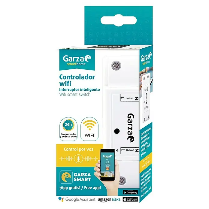 Garza Smart Home Controlador WiFi - Blanco, IP20 - La imagen muestra el empaque de un controlador WiFi "Garza Smarthome" con control de voz, compatible con Google Assistant y Alexa.
