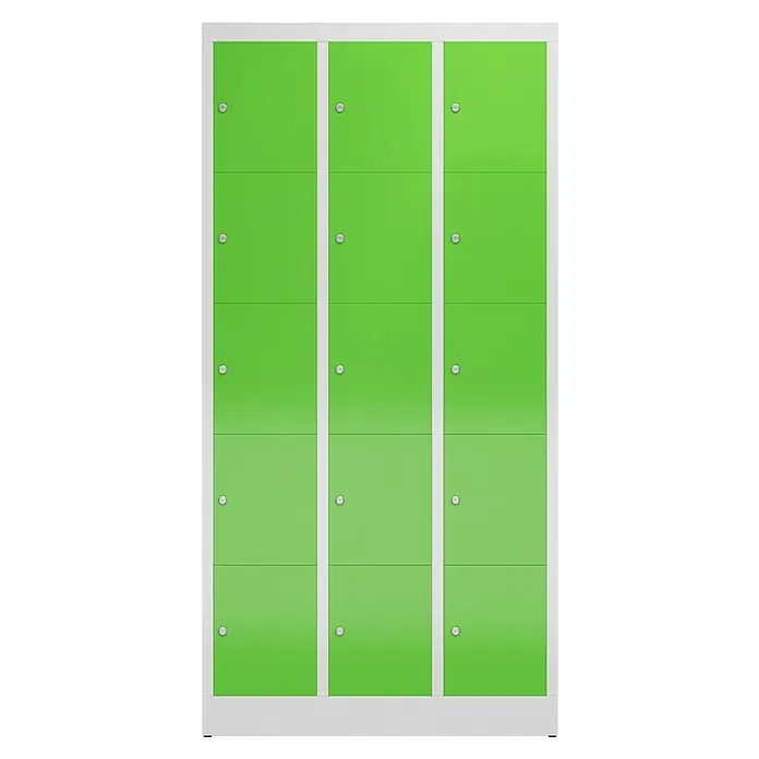 Lüllmann ClassiX Schließfachschrank - H x B x T: 180 x 87 x 50 cm, Lichtgrau/Gelbgrün, Fertig montiert, Anzahl Fächer: 15 Stk. - Ein dreispaltiger grüner Spindschrank mit weißen Rahmen bietet sichere Aufbewahrung. Ideal für Schulen oder Fitnessstudios.
