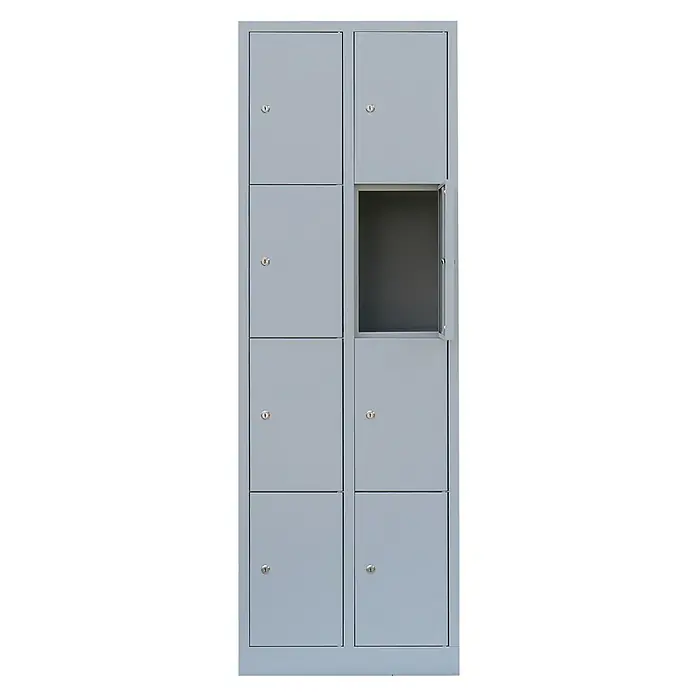 Lüllmann Schließfachschrank - H x B x T: 180 x 60 x 50 cm, Lichtgrau, Fertig montiert, Anzahl Fächer: 8 Stk. - Graue Spinde mit einer offenen Tür.
