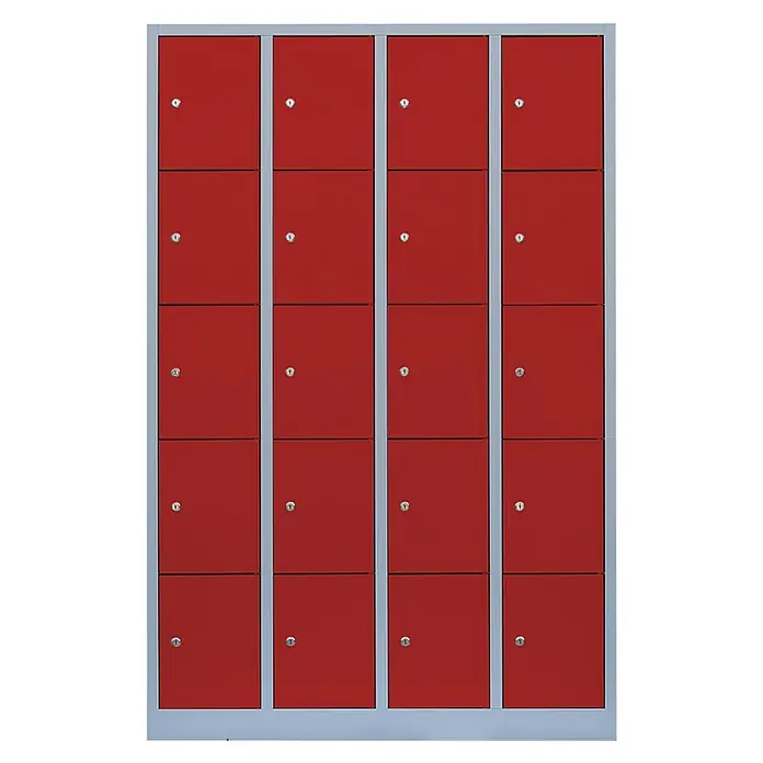 Lüllmann Schließfachschrank - H x B x T: 180 x 117 x 50 cm, Lichtgrau/Feuerrot, Fertig montiert, Anzahl Fächer: 20 Stk. - Rote Schließfächer mit silbernen Rahmen bieten sichere Aufbewahrung in Schulen oder Umkleideräumen.