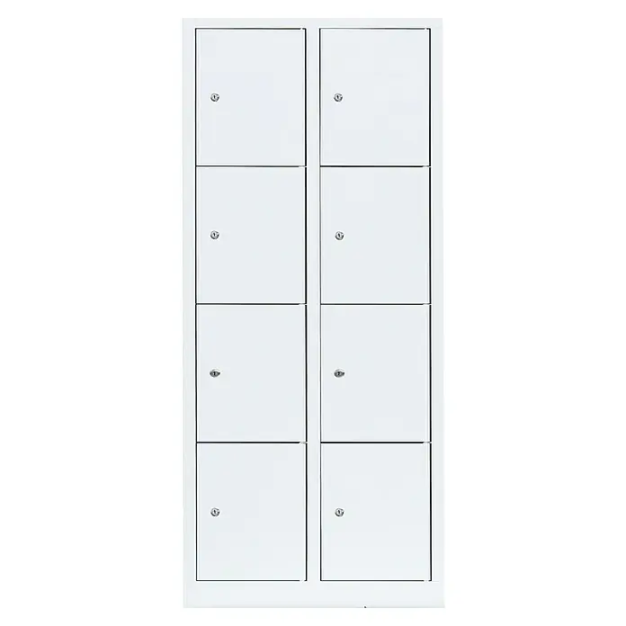 Lüllmann Schließfachschrank - H x B x T: 180 x 80 x 50 cm, Signalweiß, Fertig montiert, Anzahl Fächer: 8 Stk. - Metallschrank mit acht Fächern in einer zweispaltigen Anordnung. Jedes Fach verfügt über ein eigenes Schloss zur sicheren Aufbewahrung.
